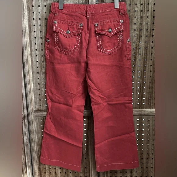 EUC MISS ME cargo linen wide leg silver embroidery pants red/orange trousers - Picture 4 of 5